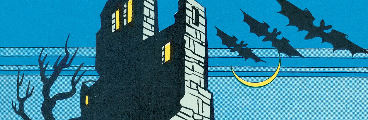 Pop art illustration of a haunted house and bats