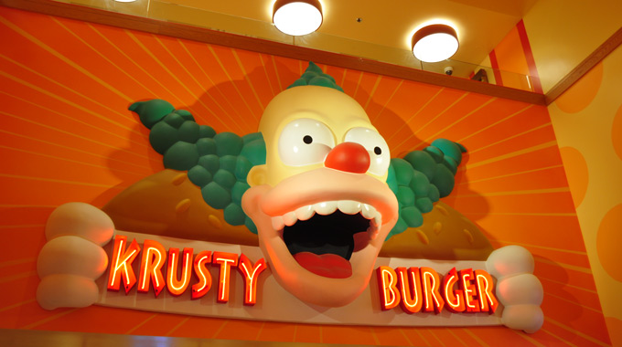The Krusty Burger sign featuring Krusty the Clown