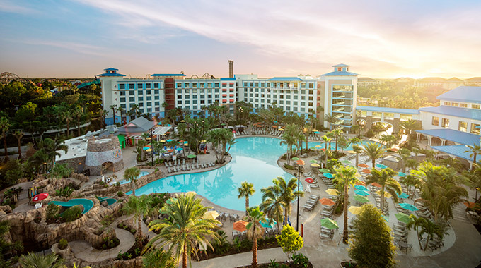 An aerial view of Loews Sapphire Falls Resort at Universal Orlando Resort