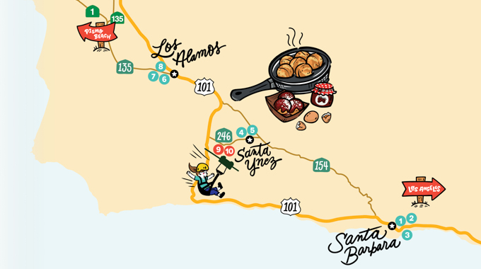 Santa Barbara to Los Alamos foodie road trip route segment.