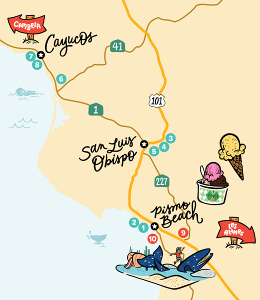 Pismo Beach to Cayucos foodie road trip route segment.