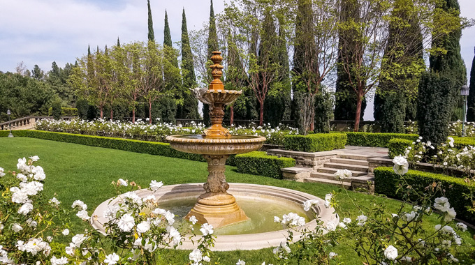 Fountain at Greystone Mansion gardens.